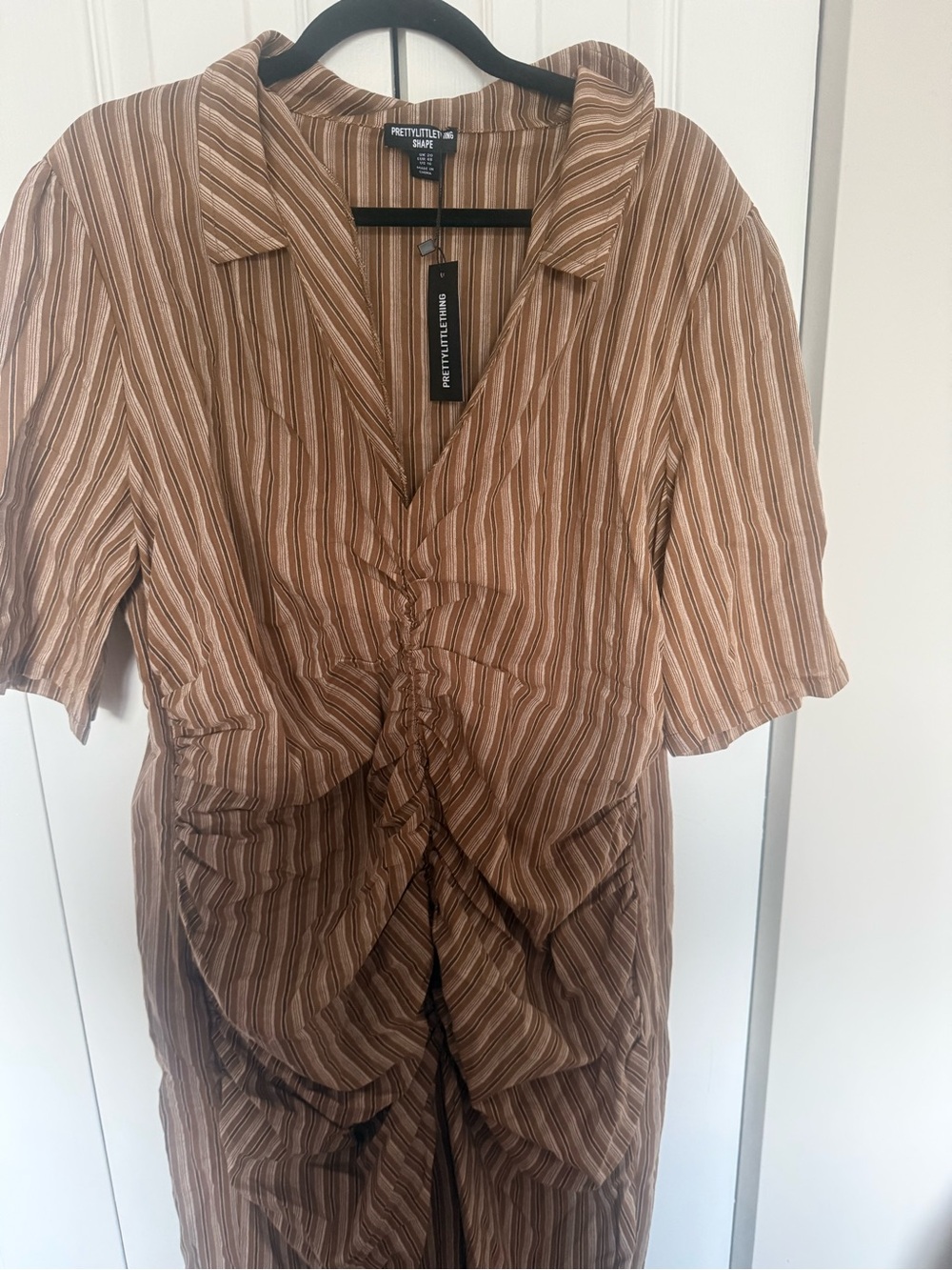 PrettyLittleThing Brown Striped Collared Midi Dress